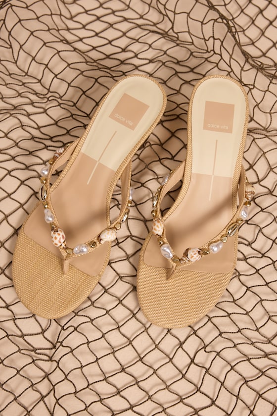Dolce Vita Beige Daksie Light Natural Raffia Kitten Heel Thong Sandals Size 9.5