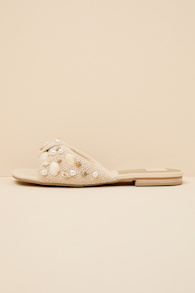 Lizza Oatmeal Raffia Beaded Slide Sandals 1