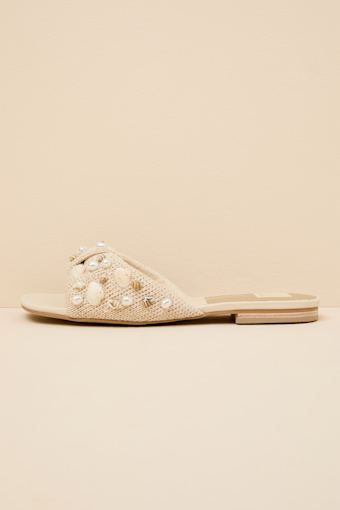 Lizza Oatmeal Raffia Beaded Slide Sandals 1