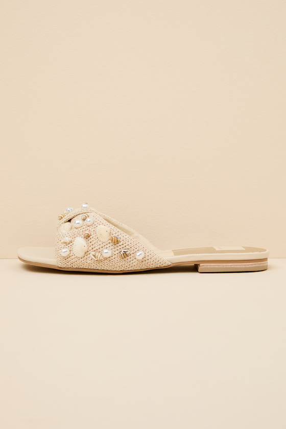 Lizza Oatmeal Raffia Beaded Slide Sandals 1