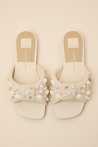 Lizza Oatmeal Raffia Beaded Slide Sandals 2