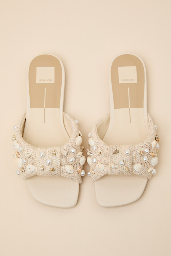 Lizza Oatmeal Raffia Beaded Slide Sandals 2