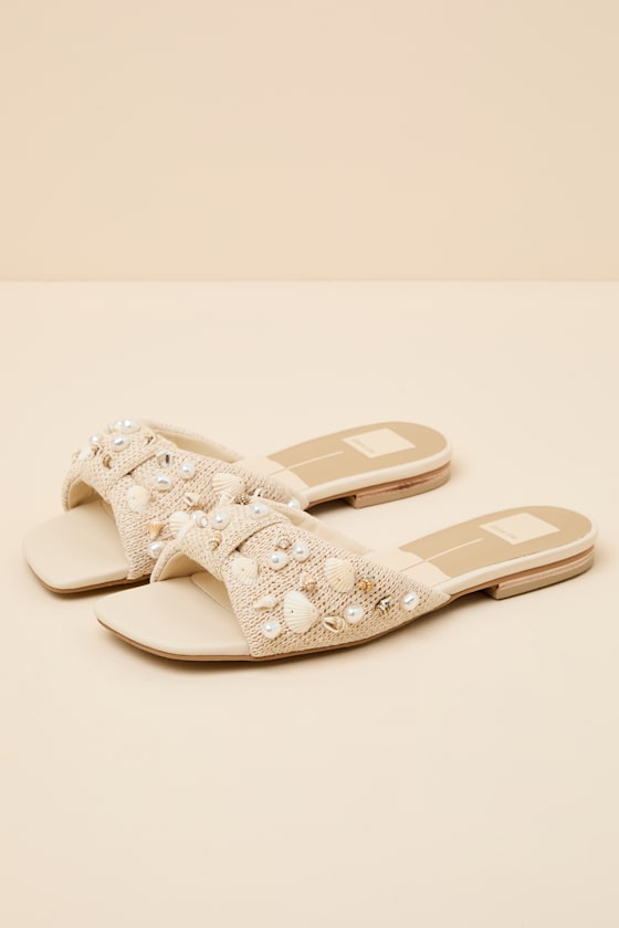 Lizza Oatmeal Raffia Beaded Slide Sandals - thumbnail 5