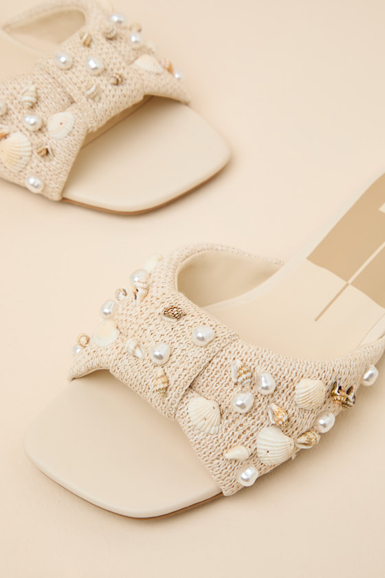 Lizza Oatmeal Raffia Beaded Slide Sandals - thumbnail 6