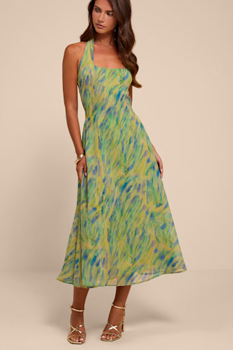 Reyes Green Multi Abstract Halter Midi Dress 1