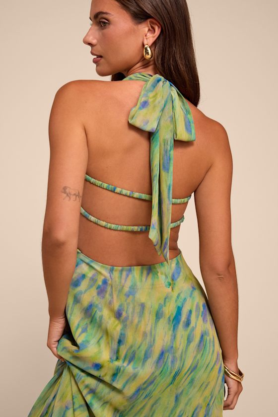 Reyes Green Multi Abstract Halter Midi Dress 2