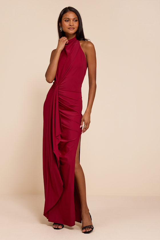 Mystras Red Slinky Knit Backless Halter Maxi Dress 2