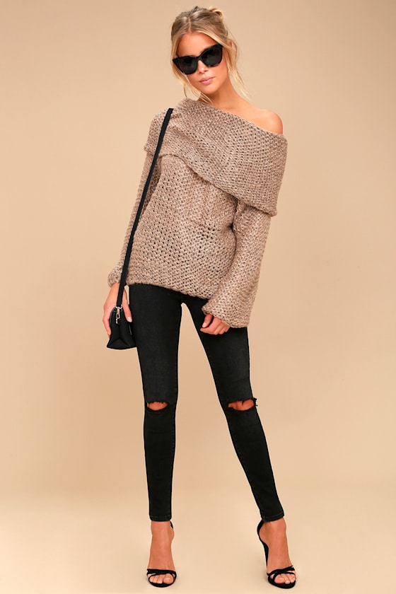Cute Light Brown Knit Sweater OfftheShoulder Sweater