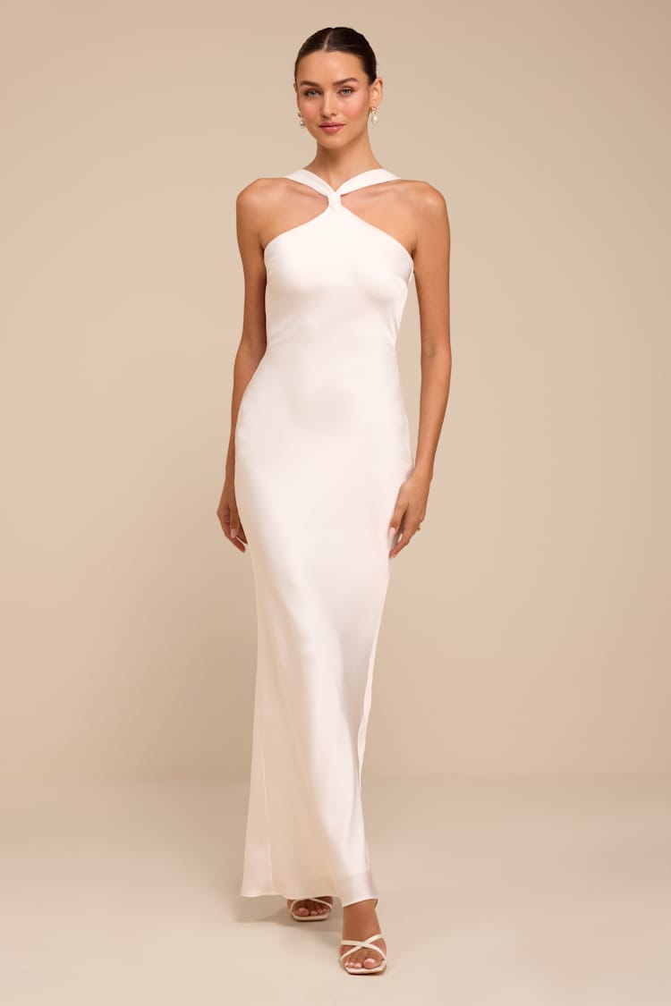 Lulus | White Satin Backless Column Maxi Dress | Womens | Large (Available in M, XL)