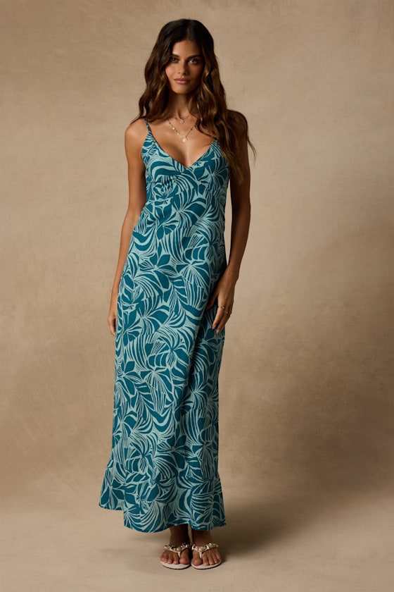 Lost Paradise Teal Leaf Print Maxi Dress 1