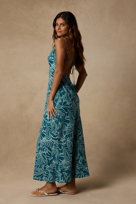 Lost Paradise Teal Leaf Print Maxi Dress 4