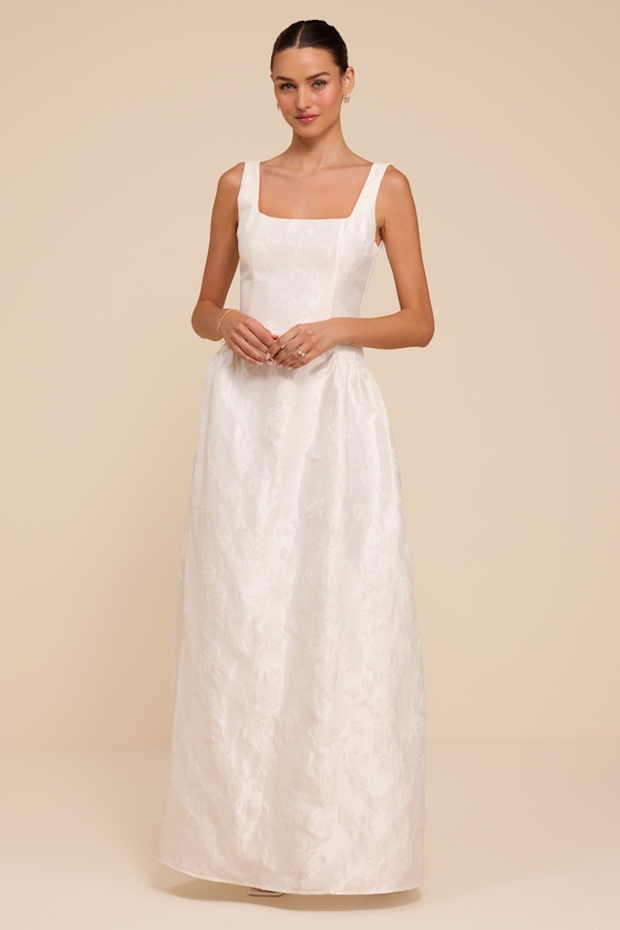 Danara White Floral Jacquard Square-Neck Maxi Dress 1