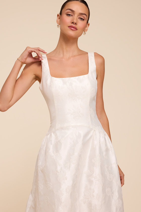 Danara White Floral Jacquard Square-Neck Maxi Dress 2