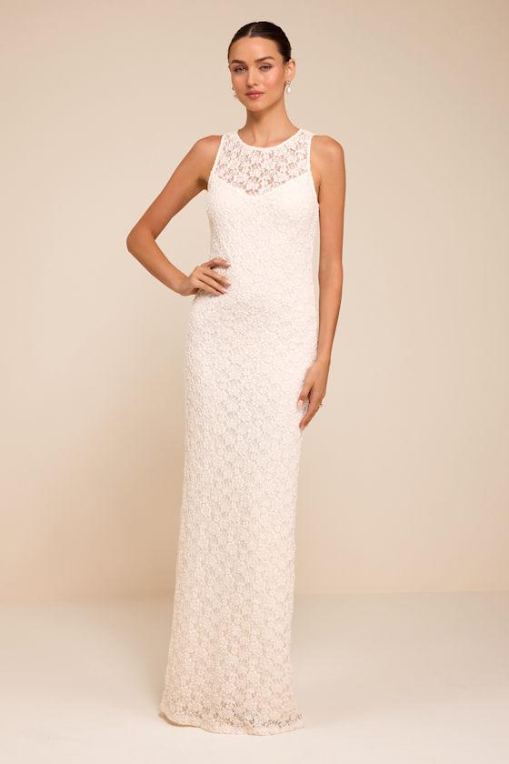 Asteria White Lace Column Wedding Dress