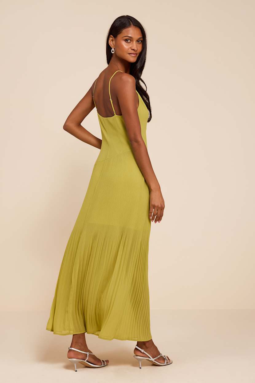Chartreuse Midi Dress - Drop Waist Midi Dress - Pleated Dress