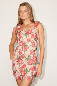 Delyn Beige Multi Floral Crochet Mini Dress 1