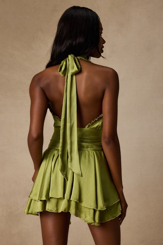 Fria Light Green Satin Halter Tiered Mini Dress 2