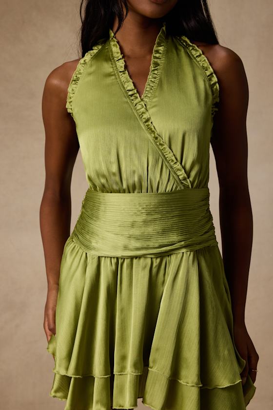Fria Light Green Satin Halter Tiered Mini Dress - thumbnail 5