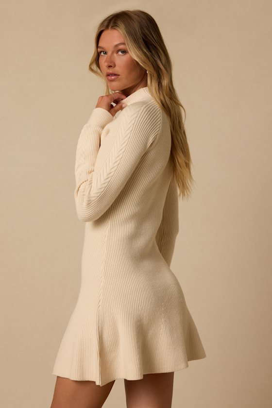 Selene Cream Ribbed Mock Neck Sweater Mini Dress - thumbnail 3