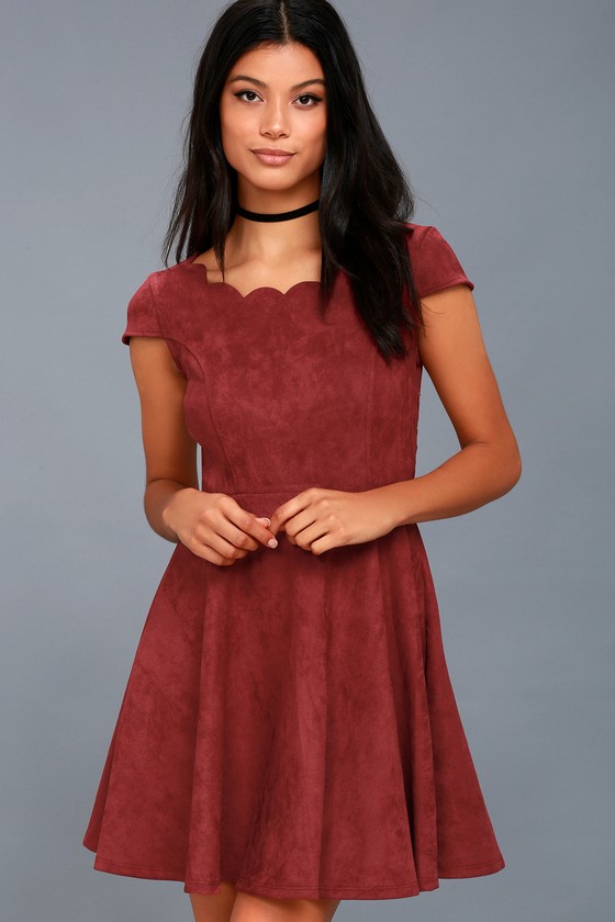 Cute Vegan Suede Dress - Skater Dress - Wine Red Dress - Lulus