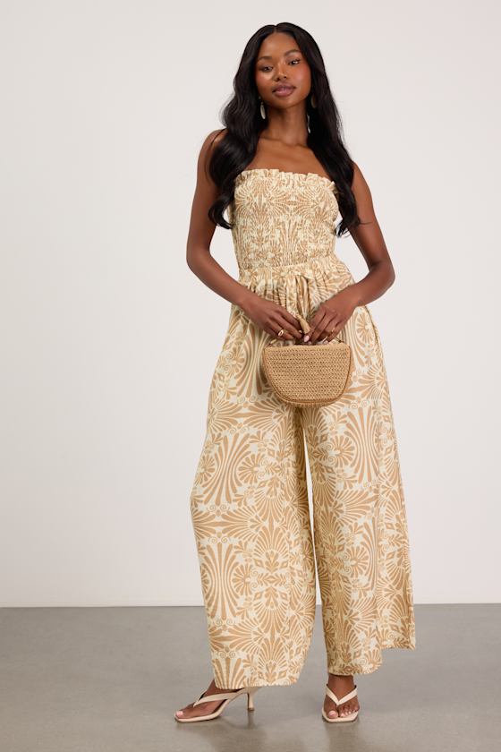 Indie Tan and Ivory Boho Print Wide-Leg Jumpsuit 1