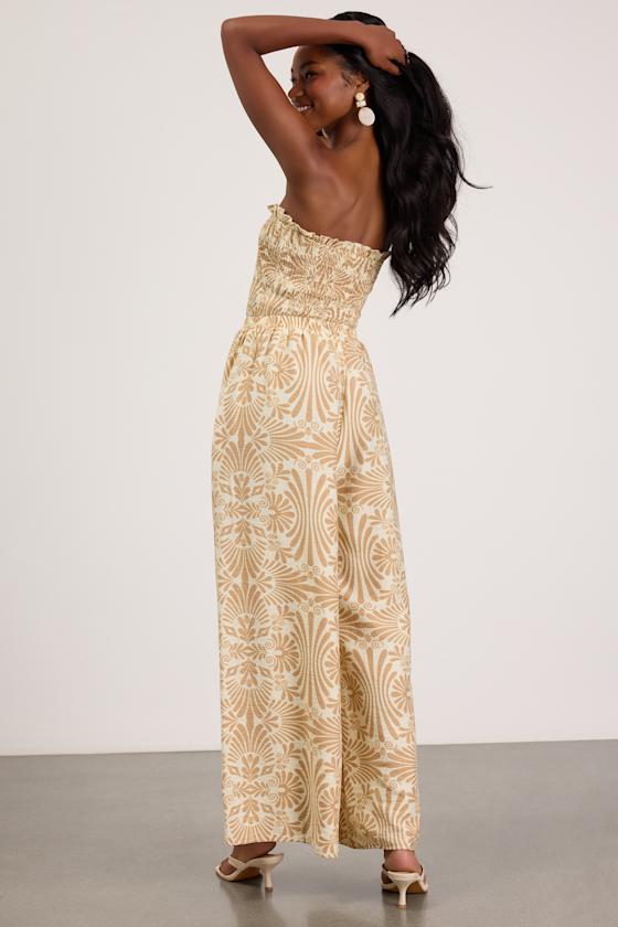 Indie Tan and Ivory Boho Print Wide-Leg Jumpsuit - thumbnail 3