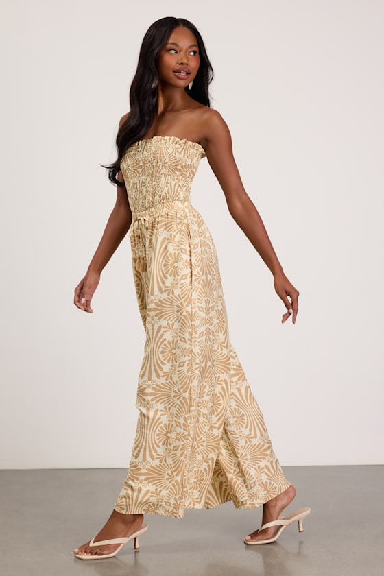 Indie Tan and Ivory Boho Print Wide-Leg Jumpsuit - thumbnail 4
