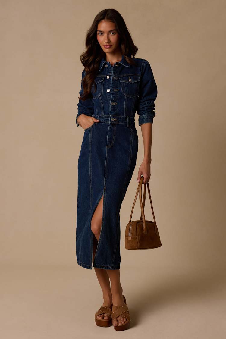 Blue Alarie Dark Wash Denim Long Sleeve Midi Dress | Womens | X-Small (Available in S, M, L, XL) | Cotton/Polyester/Spandex