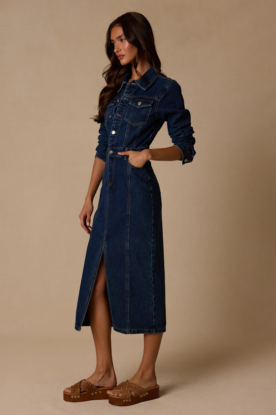 Alarie Dark Wash Denim Long Sleeve Midi Dress - thumbnail 4