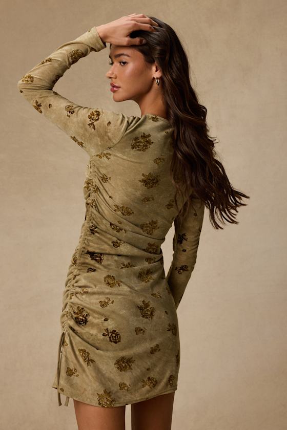 Laudie Olive Rose Print Ruched Mini Dress 2
