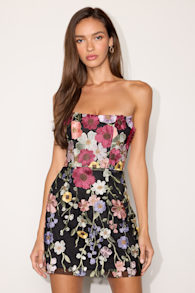 Macario Black Multi 3D Floral Embroidered Mini Dress 1