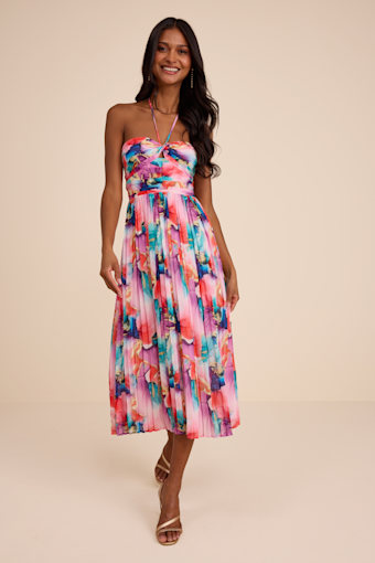 Anara Pink Multi Floral Pleated Halter Midi Dress 1