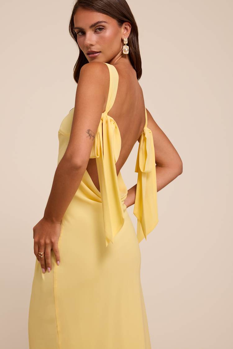 yellow maxi backless dress Light Cowl Back | Womens | X-Large (Available in XS, L) | 100% Polyester Size:38DD just in Devika Ruched Open-Back Maxi Wash Cold