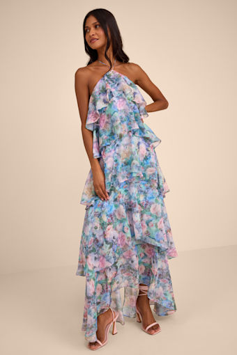 Melody Light Blue Floral Tiered Halter Maxi Dress 1