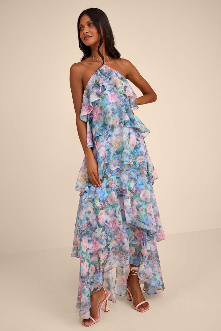 lulus blue floral maxi dress Most Beautiful Day Blue Multi Floral Print Organza Maxi Dress