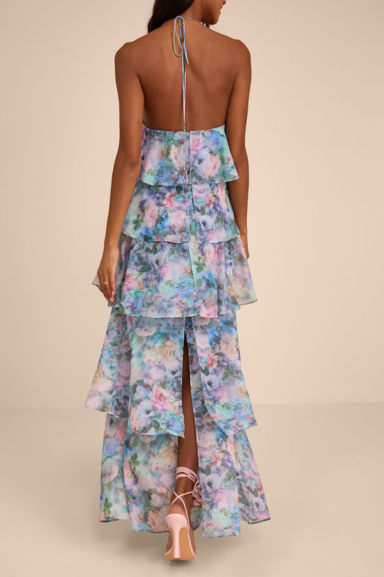 Melody Light Blue Floral Tiered Halter Maxi Dress - thumbnail 3