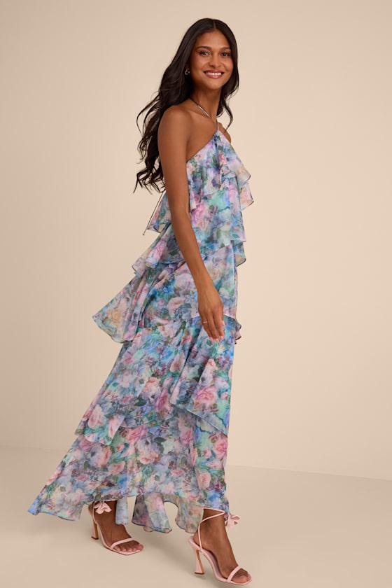 Melody Light Blue Floral Tiered Halter Maxi Dress - thumbnail 4