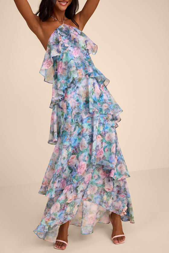 Melody Light Blue Floral Tiered Halter Maxi Dress - thumbnail 5