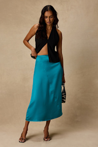Ramona Teal Satin Midi Skirt 1