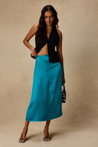 Ramona Teal Satin Midi Skirt 1