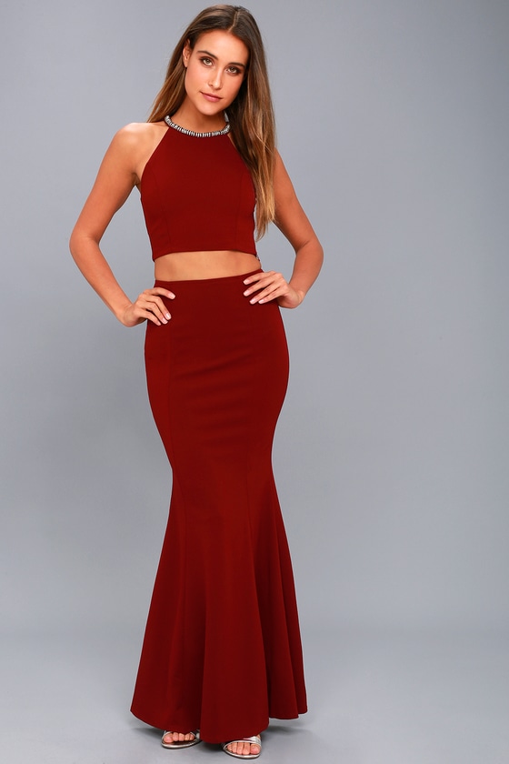 Stunning Wine Red Rhinestone Dress - Two-Piece Maxi Dress - Lulus