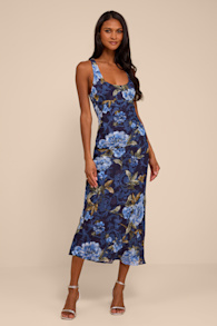 Lilia Dark Blue Floral Scoop Neck Midi Dress 1