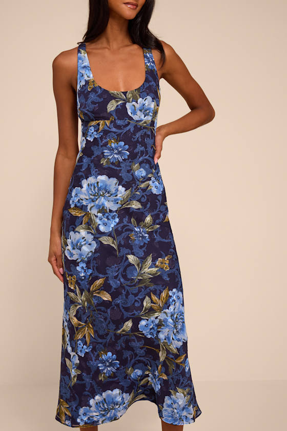Lilia Dark Blue Floral Scoop Neck Midi Dress 2