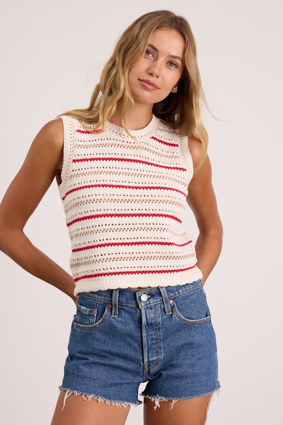 トップス UNOF NIT TANK TOP FITZ + EDDI Waffle Knit Inset Cropped Tank Top - Women's Tank Tops