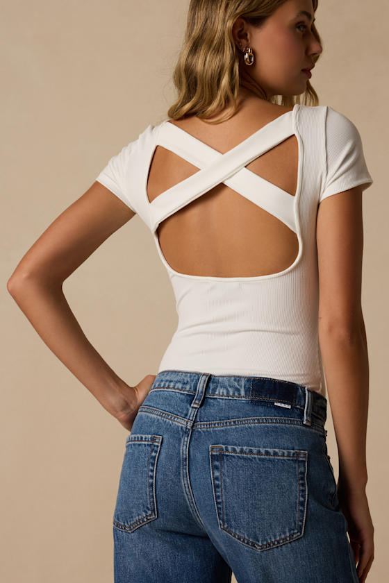 Reese Ivory Ribbed Knit Cross-Back Bodysuit 2