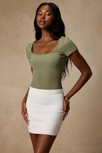 Reese Olive Green Ribbed Knit Cross-Back Bodysuit 1
