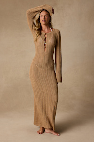 Yates Light Brown Crochet Sequin Maxi Swim Cover-Up 1