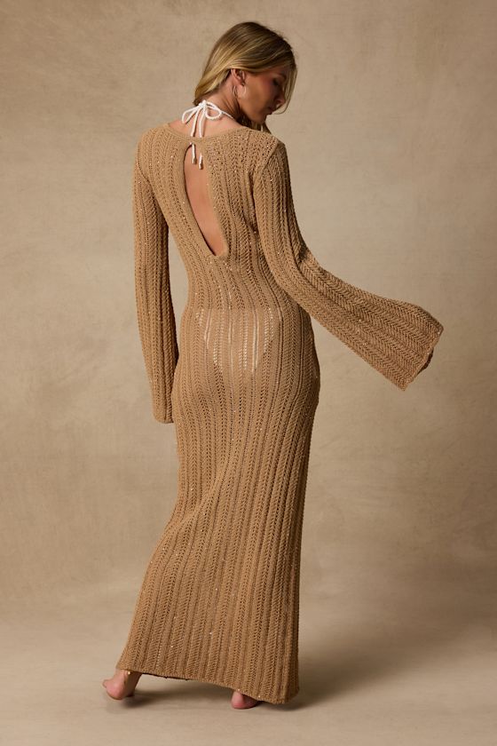 Yates Light Brown Crochet Sequin Maxi Swim Cover-Up 2