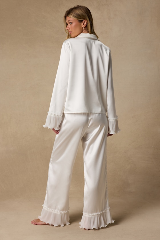 Melanie Ivory Satin Ruffled Two-Piece Pajama Set - thumbnail 4
