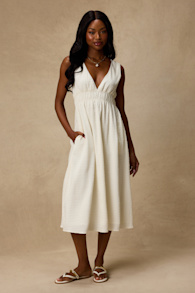 Anamaya Ivory Textured V-Neck Midi Dress 1